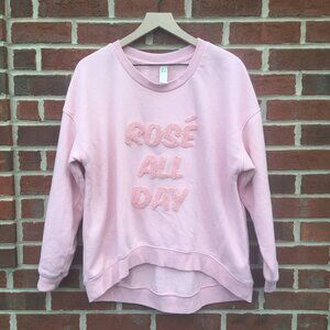 Green Tea Sweatshirt Oversized Large Pink Rose All Day Chenille Letters Hi Lo